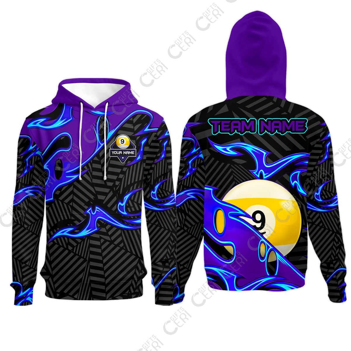 Customized Billiards Hoodies, Blue Fire 9 Ball Jersey