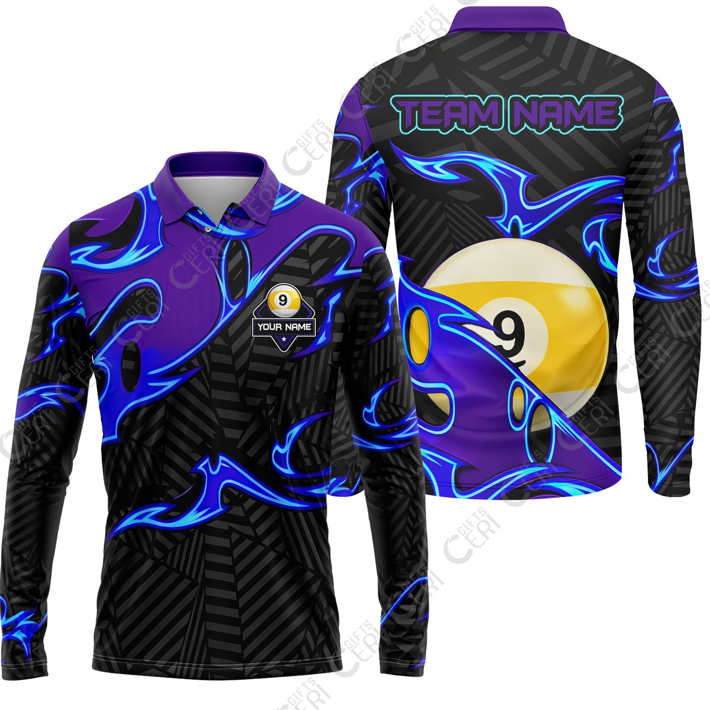 Customized Billiards Long Sleeve Polo Shirt, Blue Fire 9 Ball Jersey