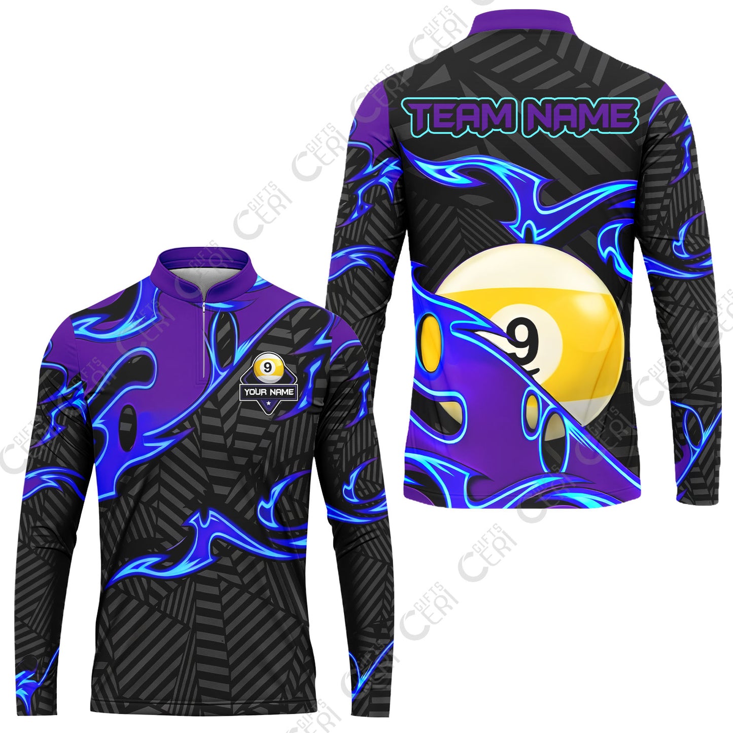 Customized Billiards Stand Collar Quarter-Zip Long Sleeve Jersey, Blue Fire 9 Ball Jersey