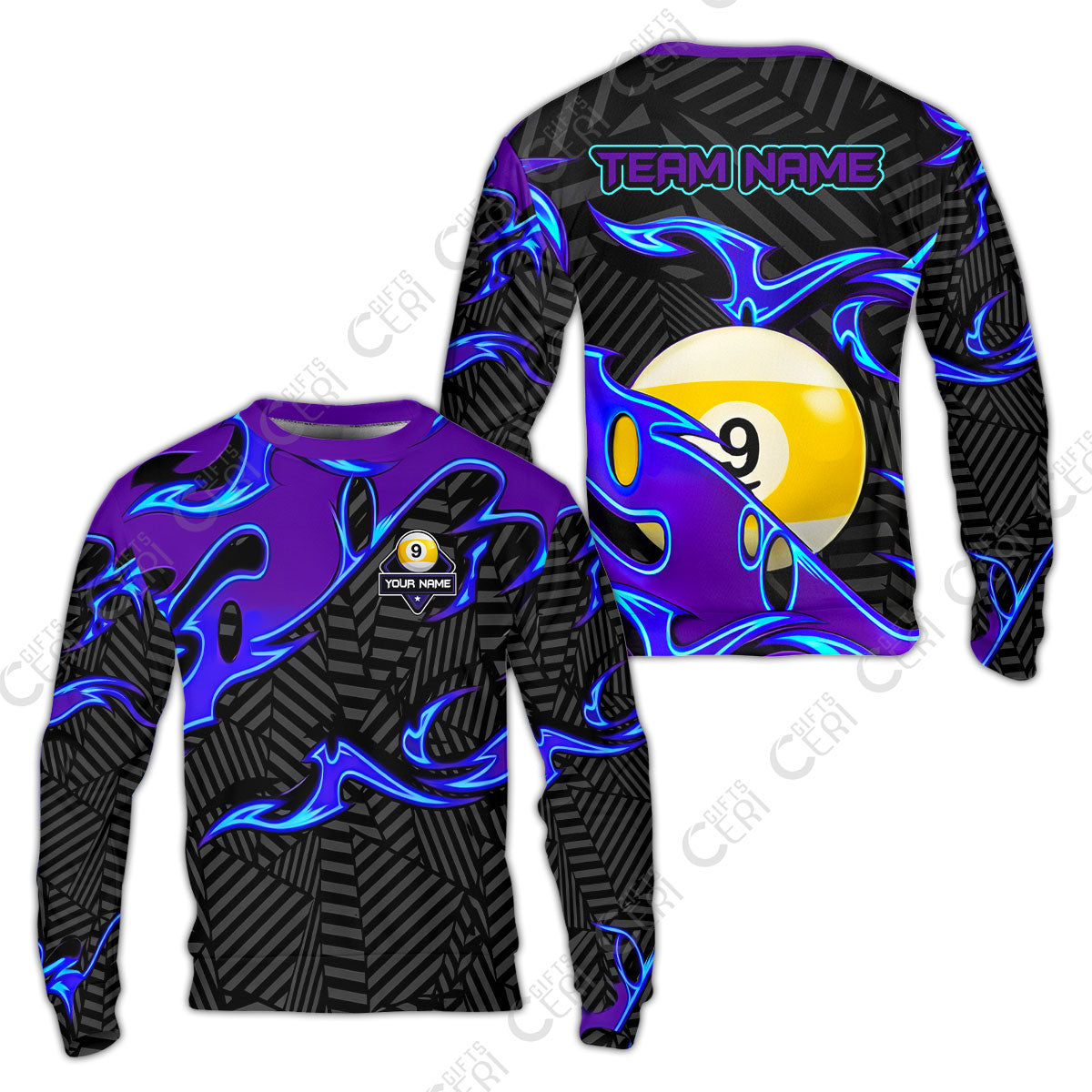 Customized Billiards Sweatshirt, Blue Fire 9 Ball Jersey
