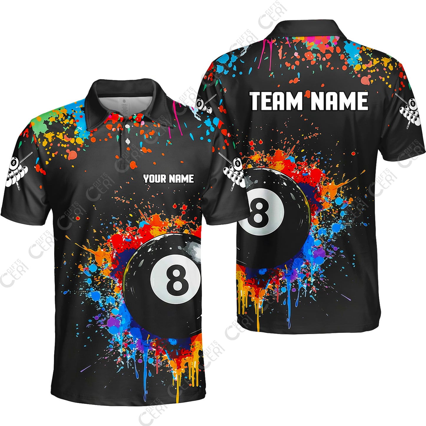 Customized Billiards Unisex Polo Shirt, Colorful Painting Splatter 8 Ball Jersey