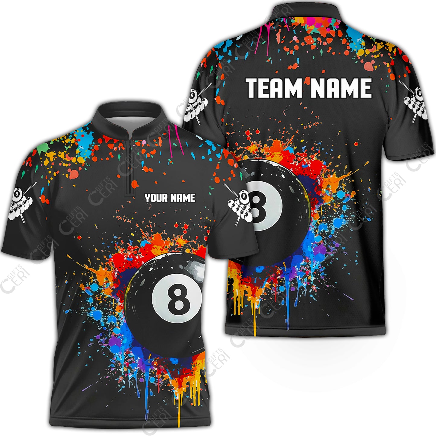 Customized Billiards Stand Collar Quarter-Zip Short Sleeve Jersey, Colorful Painting Splatter 8 Ball Jersey