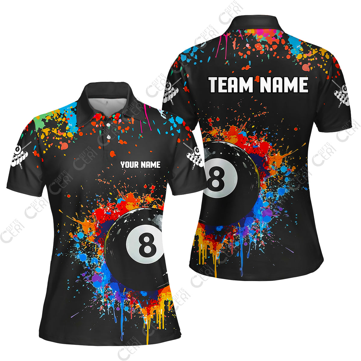 Customized Billiards Women Polo Shirt, Colorful Painting Splatter 8 Ball Jersey