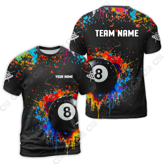 Customized Billiards T-Shirt, Colorful Painting Splatter 8 Ball Jersey