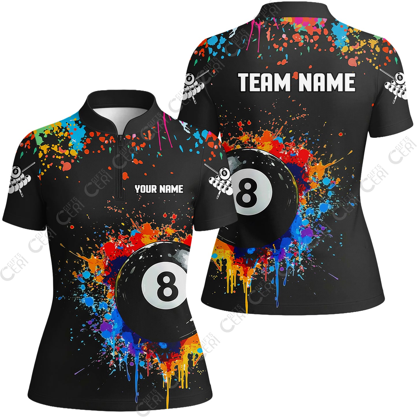 Customized Billiards Stand Collar Quarter Zip Short Sleeve Women's Shirt, Colorful Painting Splatter 8 Ball Jersey