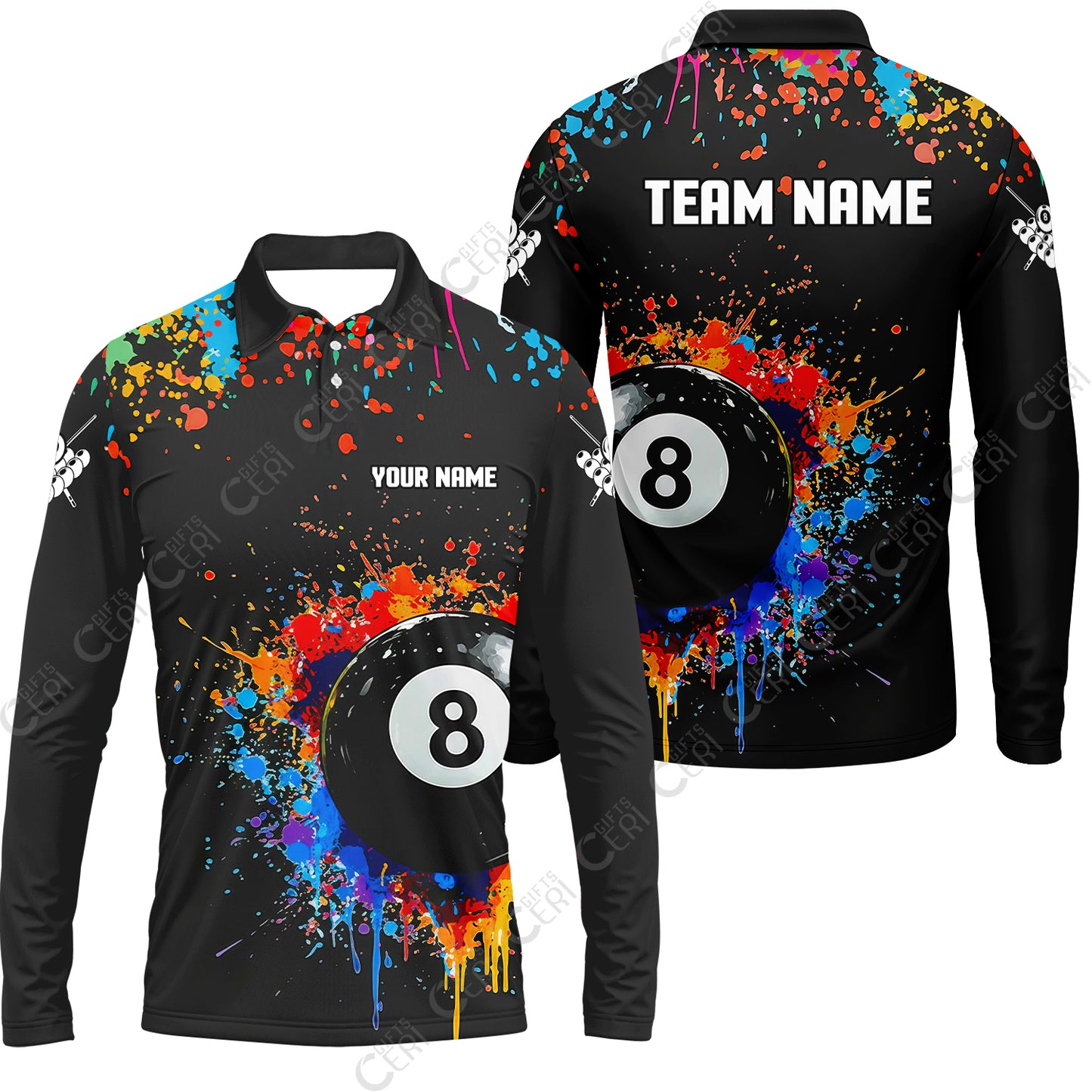 Customized Billiards Long Sleeve Polo Shirt, Colorful Painting Splatter 8 Ball Jersey