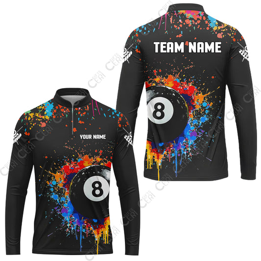 Customized Billiards Stand Collar Quarter-Zip Long Sleeve Jersey, Colorful Painting Splatter 8 Ball Jersey