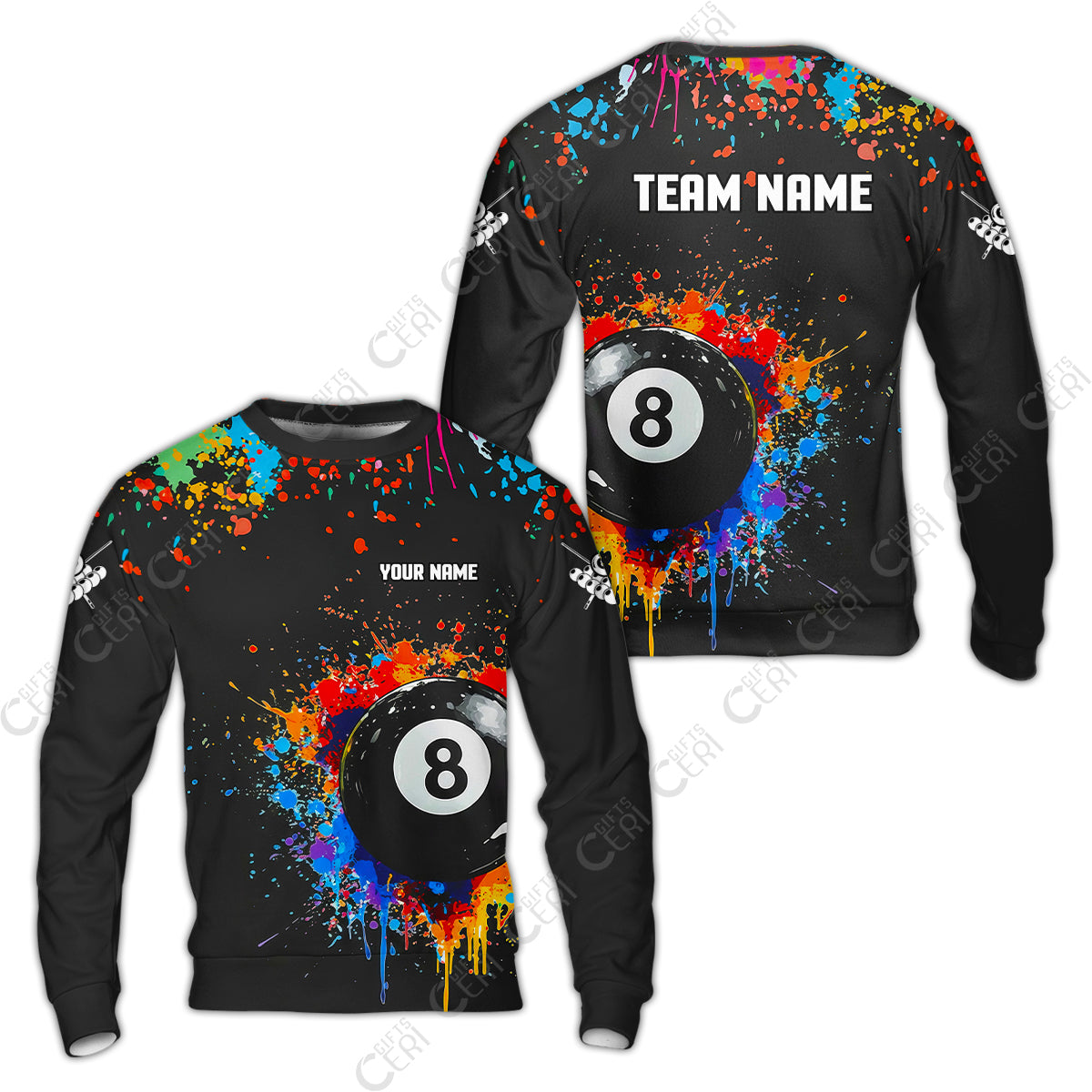 Customized Billiards Sweatshirt, Colorful Painting Splatter 8 Ball Jersey