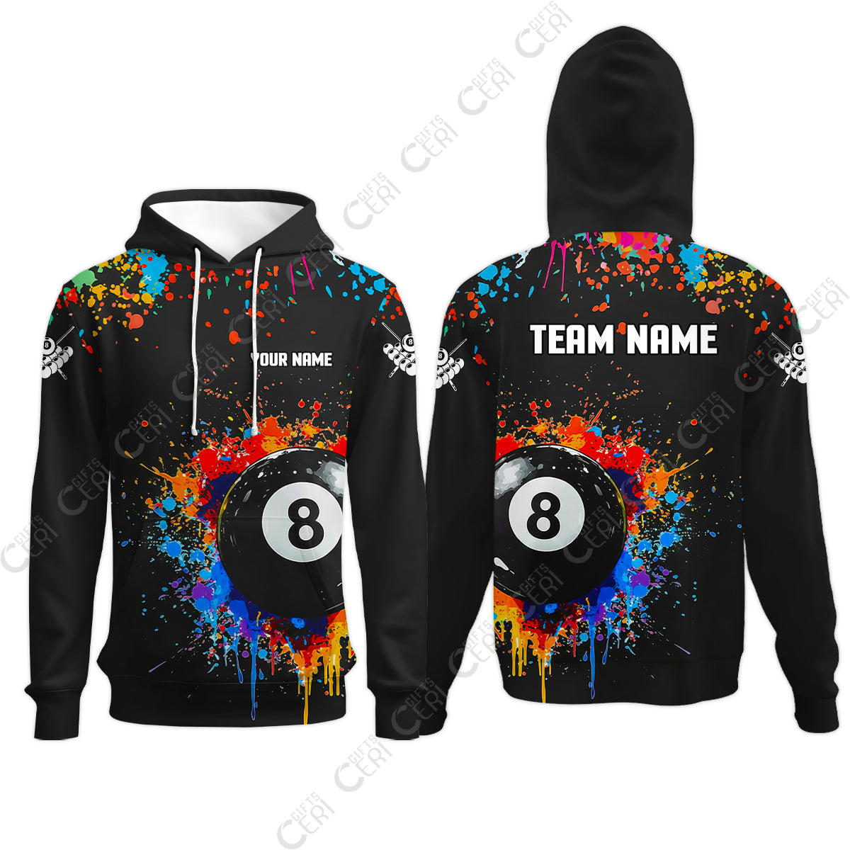 Customized Billiards Hoodies, Colorful Painting Splatter 8 Ball Jersey