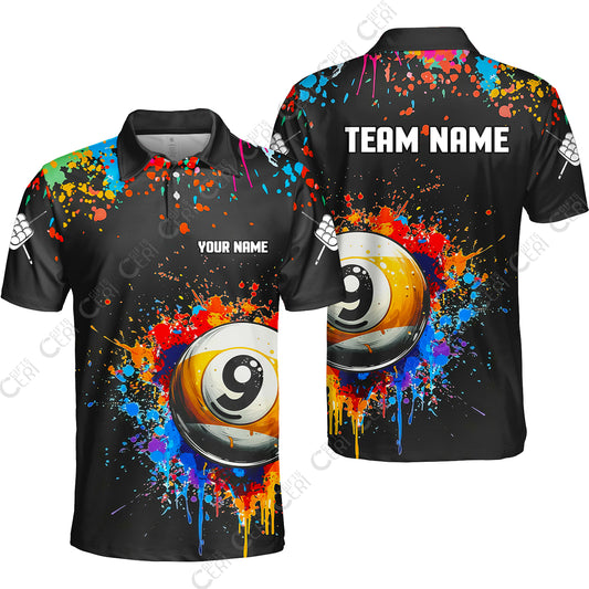 Customized Billiards Unisex Polo Shirt, Colorful Painting Splatter 9 Ball Personalized Jersey Gift For Billiard Players