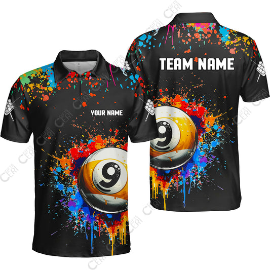 Customized Billiards Quarter-Zip Polo Shirt, Colorful Painting Splatter 9 Ball Personalized Jersey Gift For Billiard Players