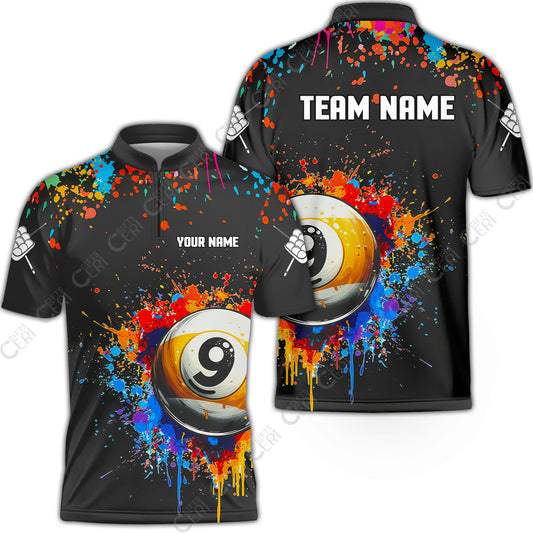 Customized Billiards Stand Collar Quarter-Zip Short Sleeve Jersey, Colorful Painting Splatter 9 Ball Personalized Jersey