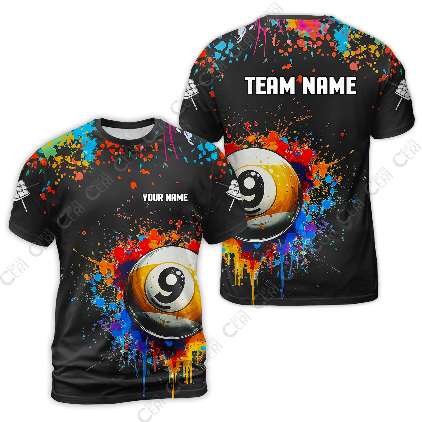 Customized Billiards T-Shirt, Colorful Painting Splatter 9 Ball Personalized Jersey Gift For Billiard Players