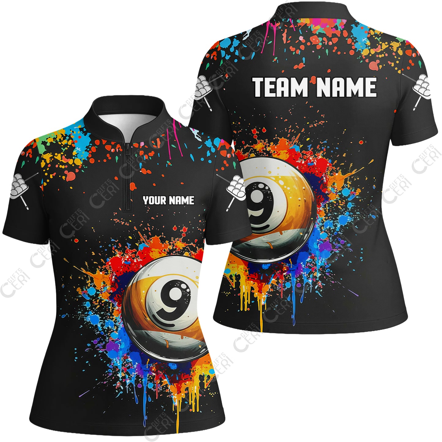 Customized Billiards Stand Collar Quarter Zip Short Sleeve Women's Shirt, Colorful Painting Splatter 9 Ball Jersey