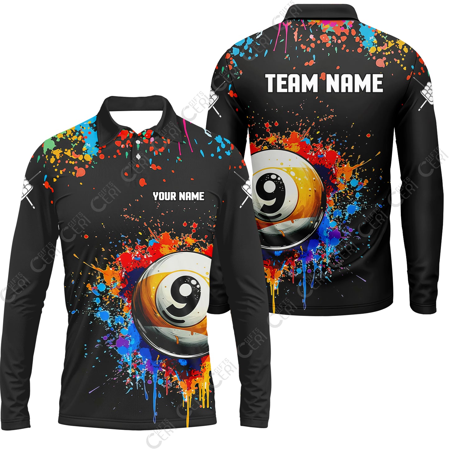 Customized Billiards Long Sleeve Polo Shirt, Colorful Painting Splatter 9 Ball Personalized Jersey Gift For Billiard Players