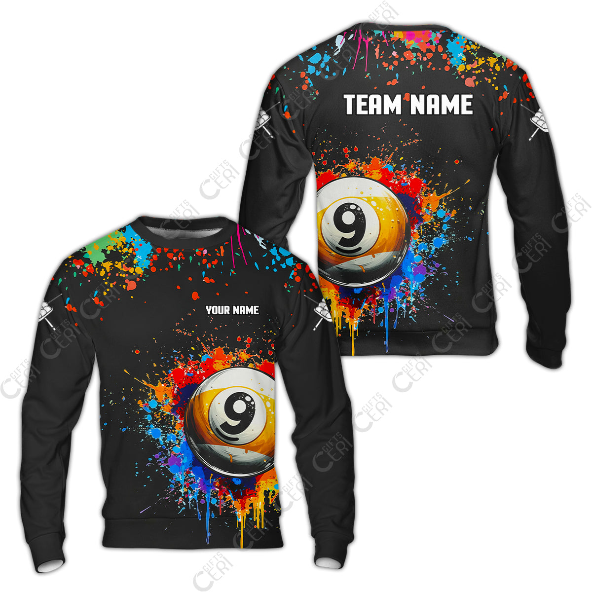 Customized Billiards Sweatshirt, Colorful Painting Splatter 9 Ball Personalized Jersey Gift For Billiard Players