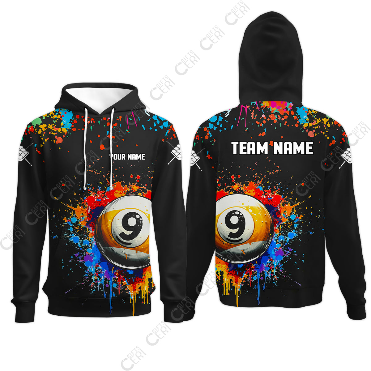 Customized Billiards Hoodies, Colorful Painting Splatter 9 Ball Personalized Jersey Gift For Billiard Players