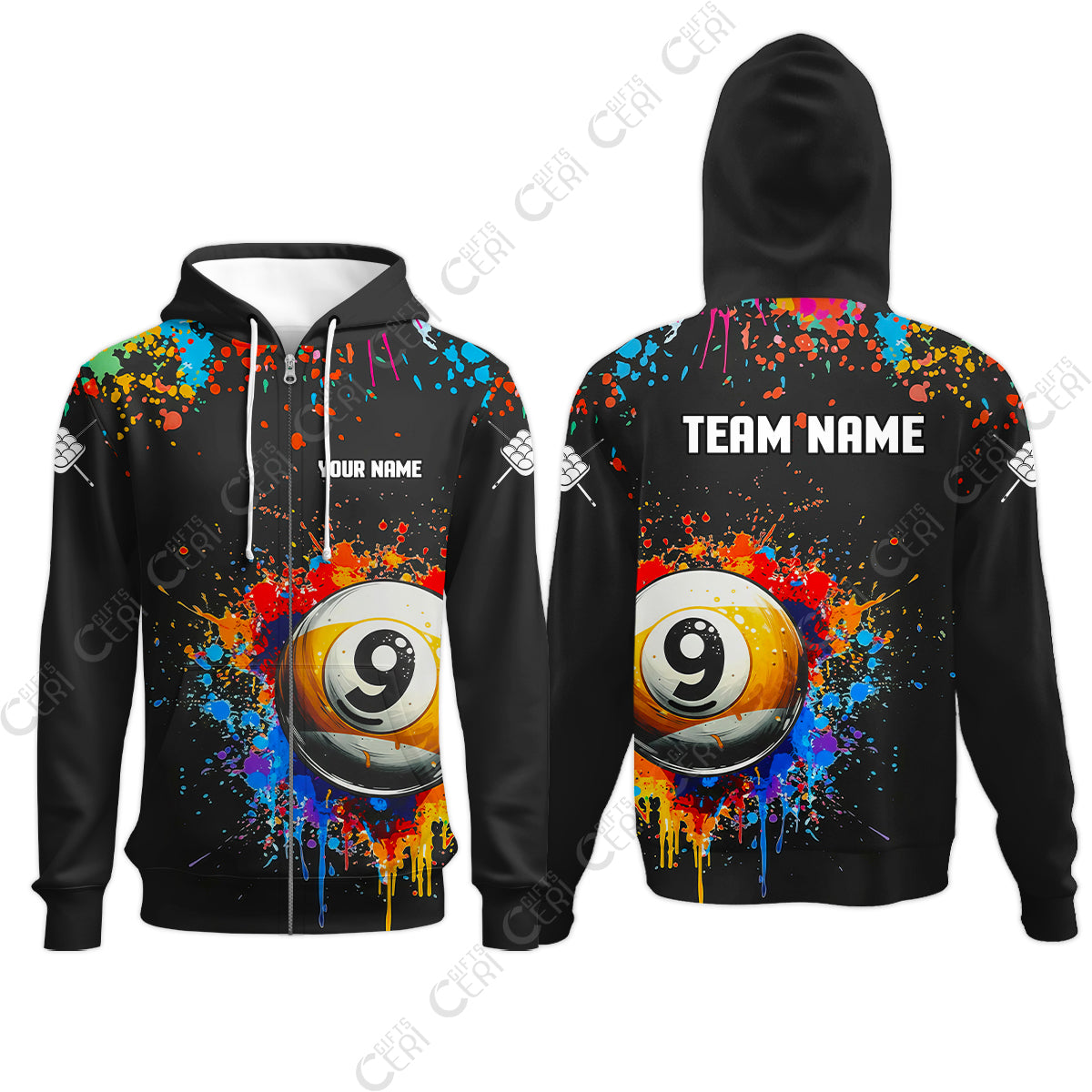 Customized Billiards Zip Hoodies, Colorful Painting Splatter 9 Ball Personalized Jersey Gift For Billiard Players