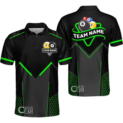 Customized Billiards Quarter-Zip Polo Shirt, Billiards Esports 9 Ball 8 Ball Personalized Jersey Gift For Billiard Players