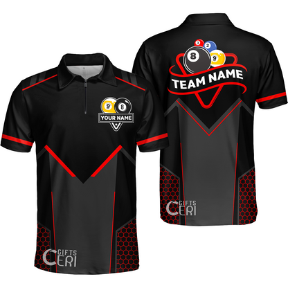 Customized Billiards Quarter-Zip Polo Shirt, Billiards Esports 9 Ball 8 Ball Personalized Jersey Gift For Billiard Players