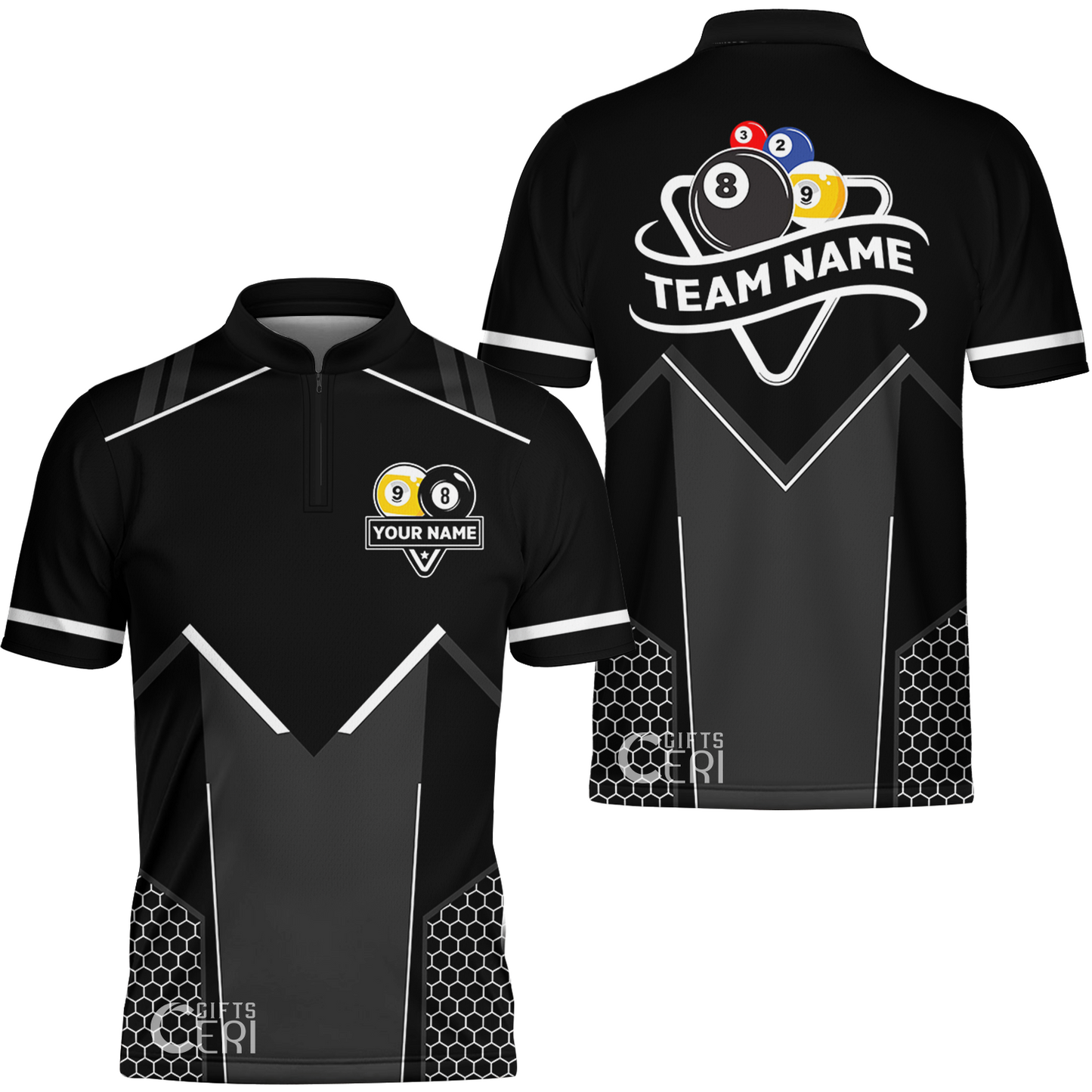 Customized Billiards Stand Collar Quarter-Zip Short Sleeve Jersey, Billiards Esports 9 Ball 8 Ball Personalized Jersey