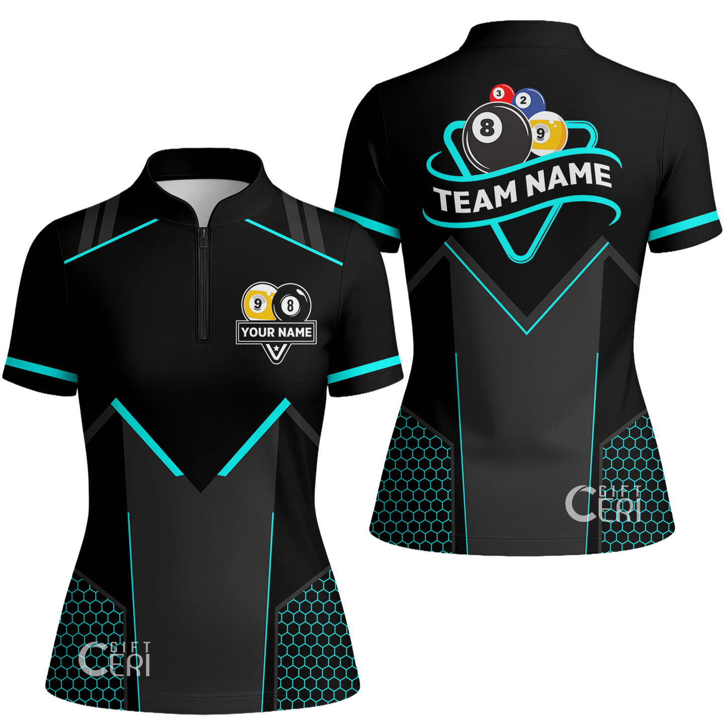 Customized Billiards Stand Collar Quarter Zip Short Sleeve Women's Shirt, Billiards Esports 9 Ball 8 Ball Jersey