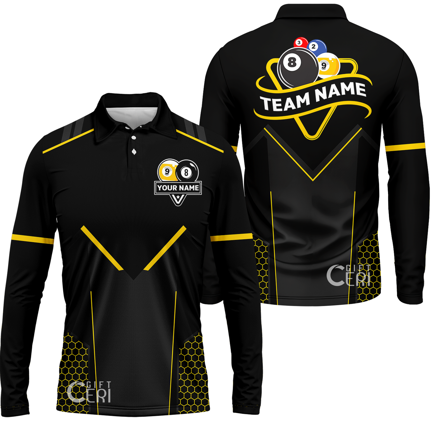 Customized Billiards Long Sleeve Polo Shirt, Billiards Esports 9 Ball 8 Ball Personalized Jersey Gift For Billiard Players