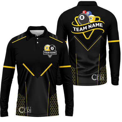 Customized Billiards Long Sleeve Polo Shirt, Billiards Esports 9 Ball 8 Ball Personalized Jersey Gift For Billiard Players