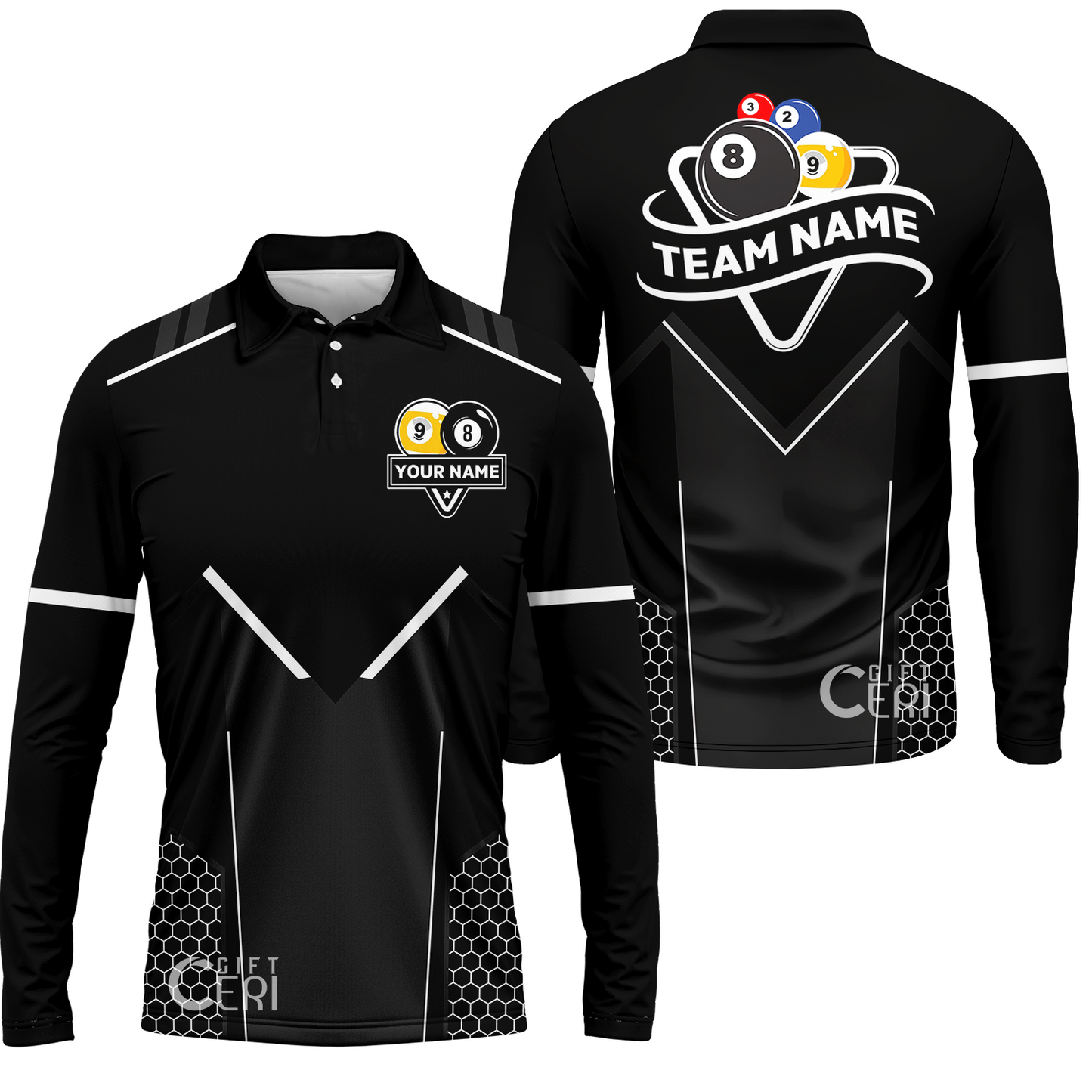 Customized Billiards Long Sleeve Polo Shirt, Billiards Esports 9 Ball 8 Ball Personalized Jersey Gift For Billiard Players