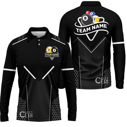 Customized Billiards Long Sleeve Polo Shirt, Billiards Esports 9 Ball 8 Ball Personalized Jersey Gift For Billiard Players