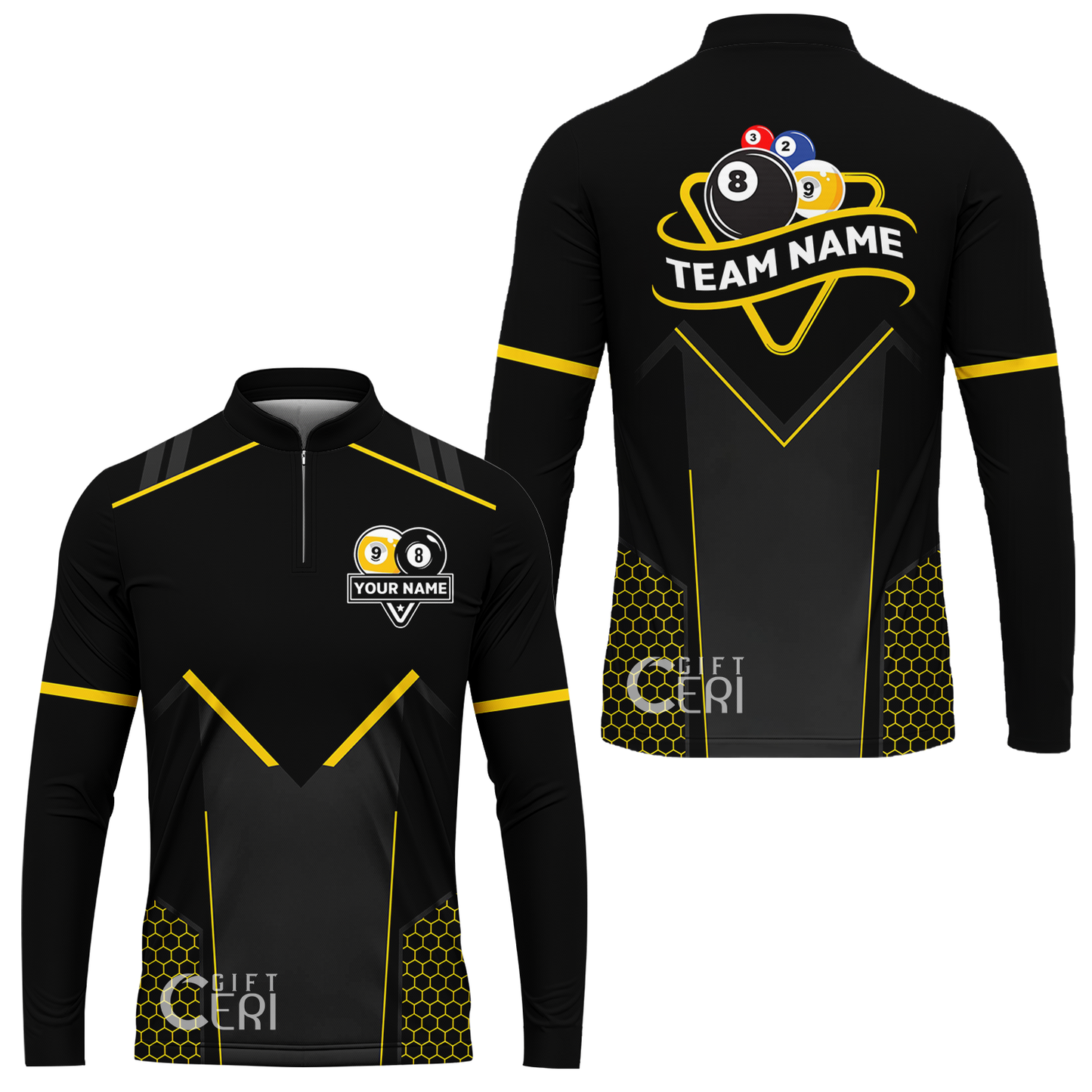 Customized Billiards Stand Collar Quarter-Zip Long Sleeve Jersey, Billiards Esports 9 Ball 8 Ball Personalized Jersey