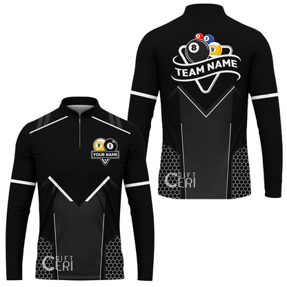 Customized Billiards Stand Collar Quarter-Zip Long Sleeve Jersey, Billiards Esports 9 Ball 8 Ball Personalized Jersey