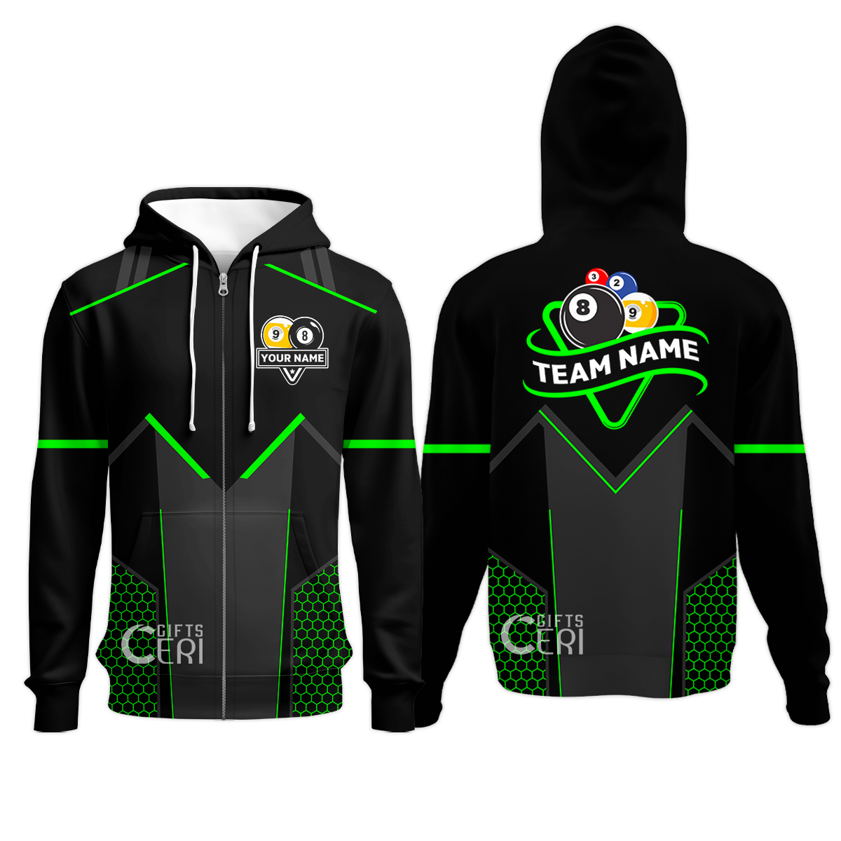 Customized Billiards Zip Hoodies, Billiards Esports 9 Ball 8 Ball Personalized Jersey Gift For Billiard Players