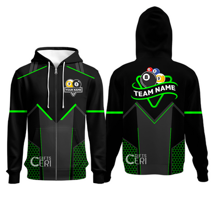 Customized Billiards Zip Hoodies, Billiards Esports 9 Ball 8 Ball Personalized Jersey Gift For Billiard Players