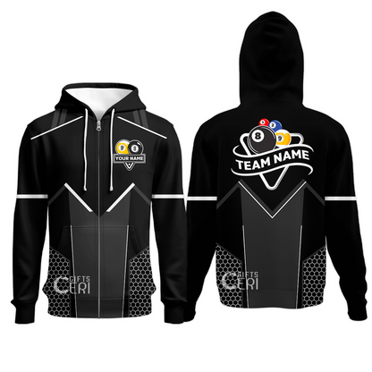 Customized Billiards Zip Hoodies, Billiards Esports 9 Ball 8 Ball Personalized Jersey Gift For Billiard Players