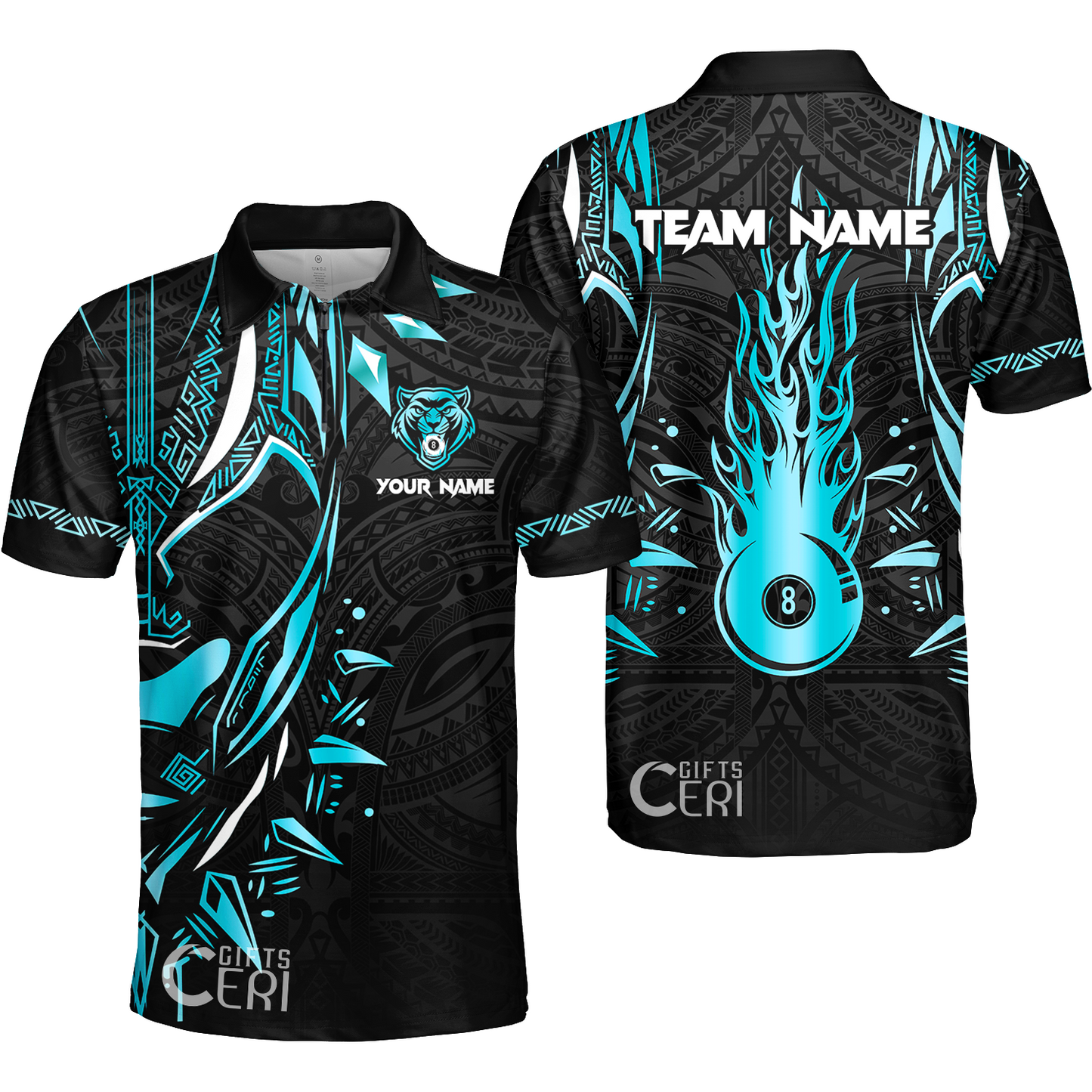 Customized Billiards Quarter-Zip Polo Shirt, Panther Forever Flaming 8 Ball Personalized Jersey Gift For Billiard Players