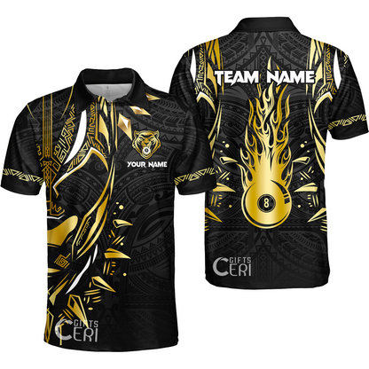 Customized Billiards Quarter-Zip Polo Shirt, Panther Forever Flaming 8 Ball Personalized Jersey Gift For Billiard Players