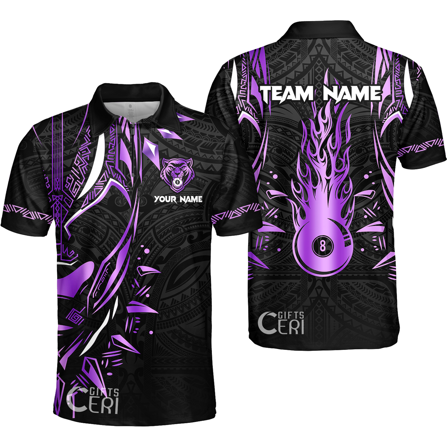 Customized Billiards Quarter-Zip Polo Shirt, Panther Forever Flaming 8 Ball Personalized Jersey Gift For Billiard Players