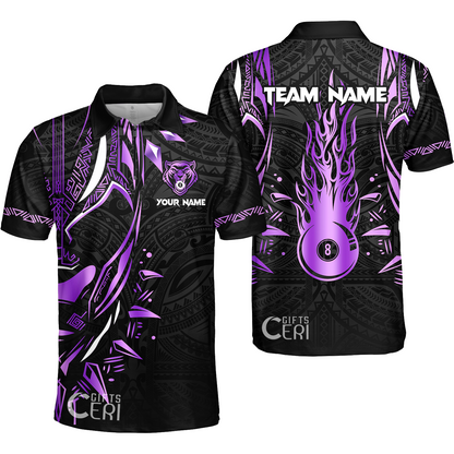 Customized Billiards Quarter-Zip Polo Shirt, Panther Forever Flaming 8 Ball Personalized Jersey Gift For Billiard Players