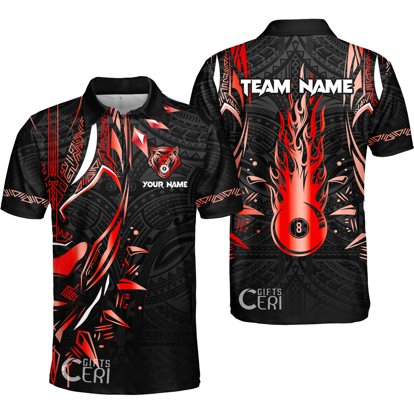 Customized Billiards Quarter-Zip Polo Shirt, Panther Forever Flaming 8 Ball Personalized Jersey Gift For Billiard Players