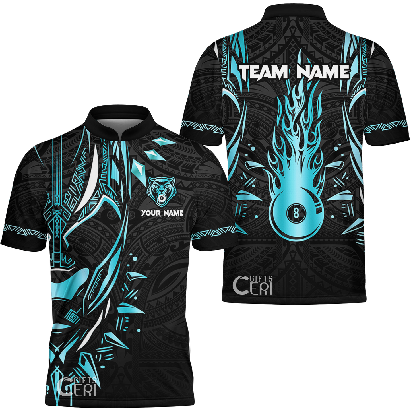 Customized Billiards Stand Collar Quarter-Zip Short Sleeve Jersey, Panther Forever Flaming 8 Ball Personalized Jersey