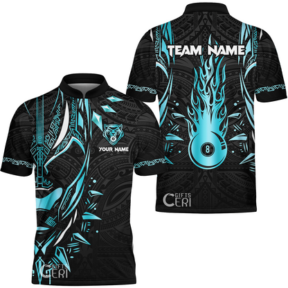 Customized Billiards Stand Collar Quarter-Zip Short Sleeve Jersey, Panther Forever Flaming 8 Ball Personalized Jersey