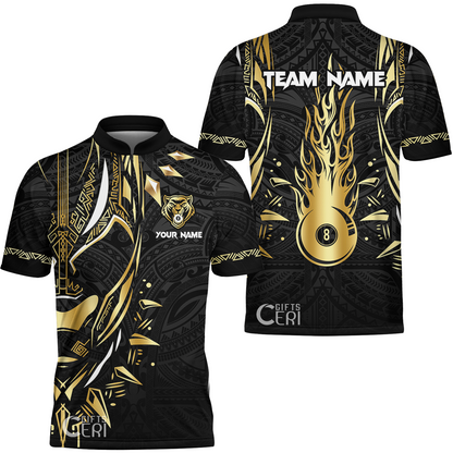 Customized Billiards Stand Collar Quarter-Zip Short Sleeve Jersey, Panther Forever Flaming 8 Ball Personalized Jersey