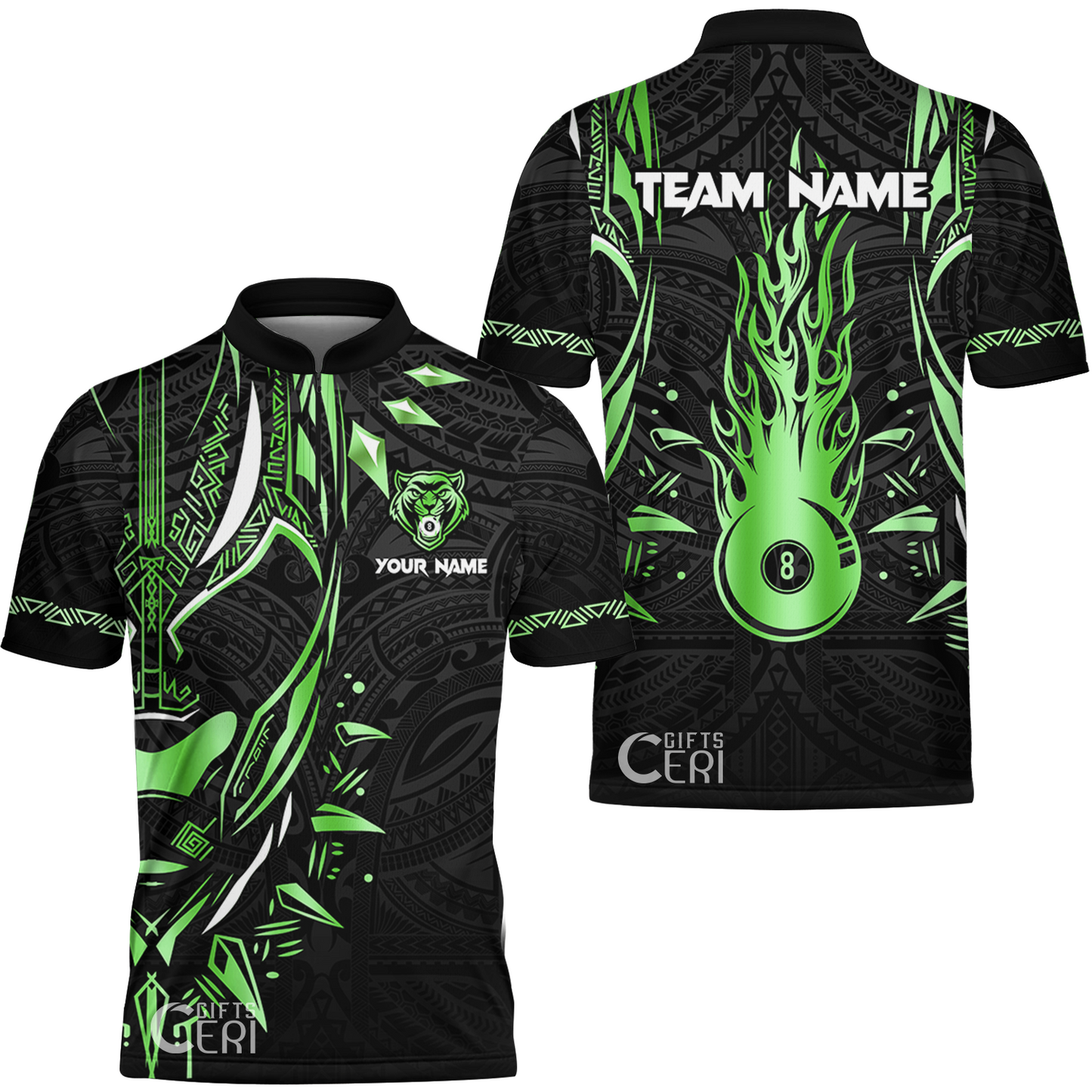 Customized Billiards Stand Collar Quarter-Zip Short Sleeve Jersey, Panther Forever Flaming 8 Ball Personalized Jersey