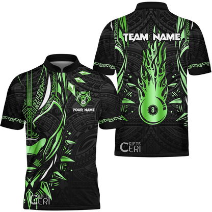 Customized Billiards Stand Collar Quarter-Zip Short Sleeve Jersey, Panther Forever Flaming 8 Ball Personalized Jersey