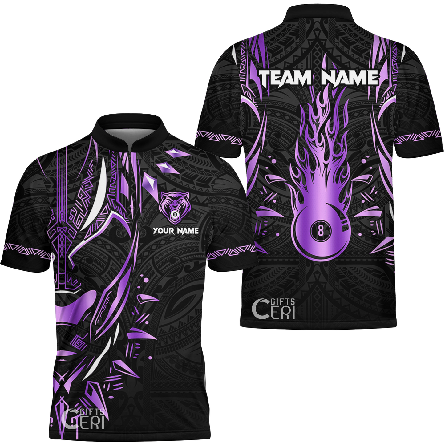 Customized Billiards Stand Collar Quarter-Zip Short Sleeve Jersey, Panther Forever Flaming 8 Ball Personalized Jersey