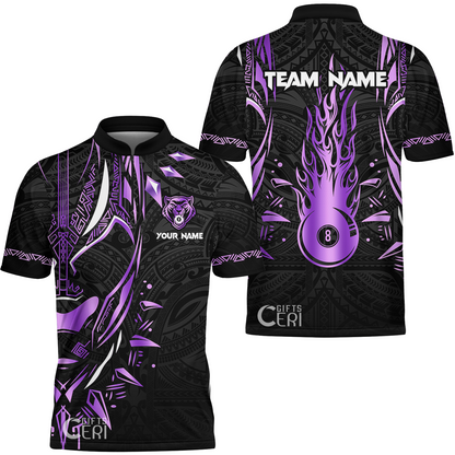 Customized Billiards Stand Collar Quarter-Zip Short Sleeve Jersey, Panther Forever Flaming 8 Ball Personalized Jersey