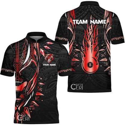 Customized Billiards Stand Collar Quarter-Zip Short Sleeve Jersey, Panther Forever Flaming 8 Ball Personalized Jersey