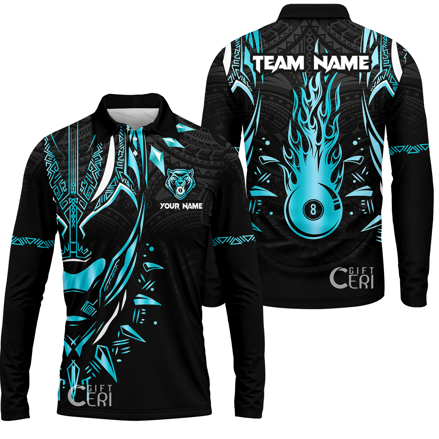 Customized Billiards Long Sleeve Polo Shirt, Panther Forever Flaming 8 Ball Personalized Jersey Gift For Billiard Players