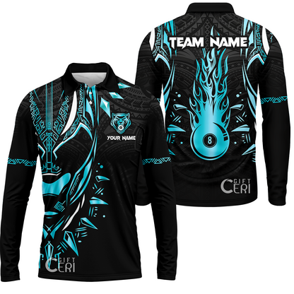 Customized Billiards Long Sleeve Polo Shirt, Panther Forever Flaming 8 Ball Personalized Jersey Gift For Billiard Players
